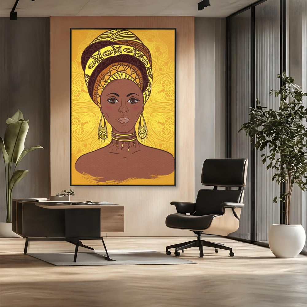 Tablou canvas cu ilustratie digitala cu femeie africana, in rama de aluminiu negru, pe perete intr-un birou